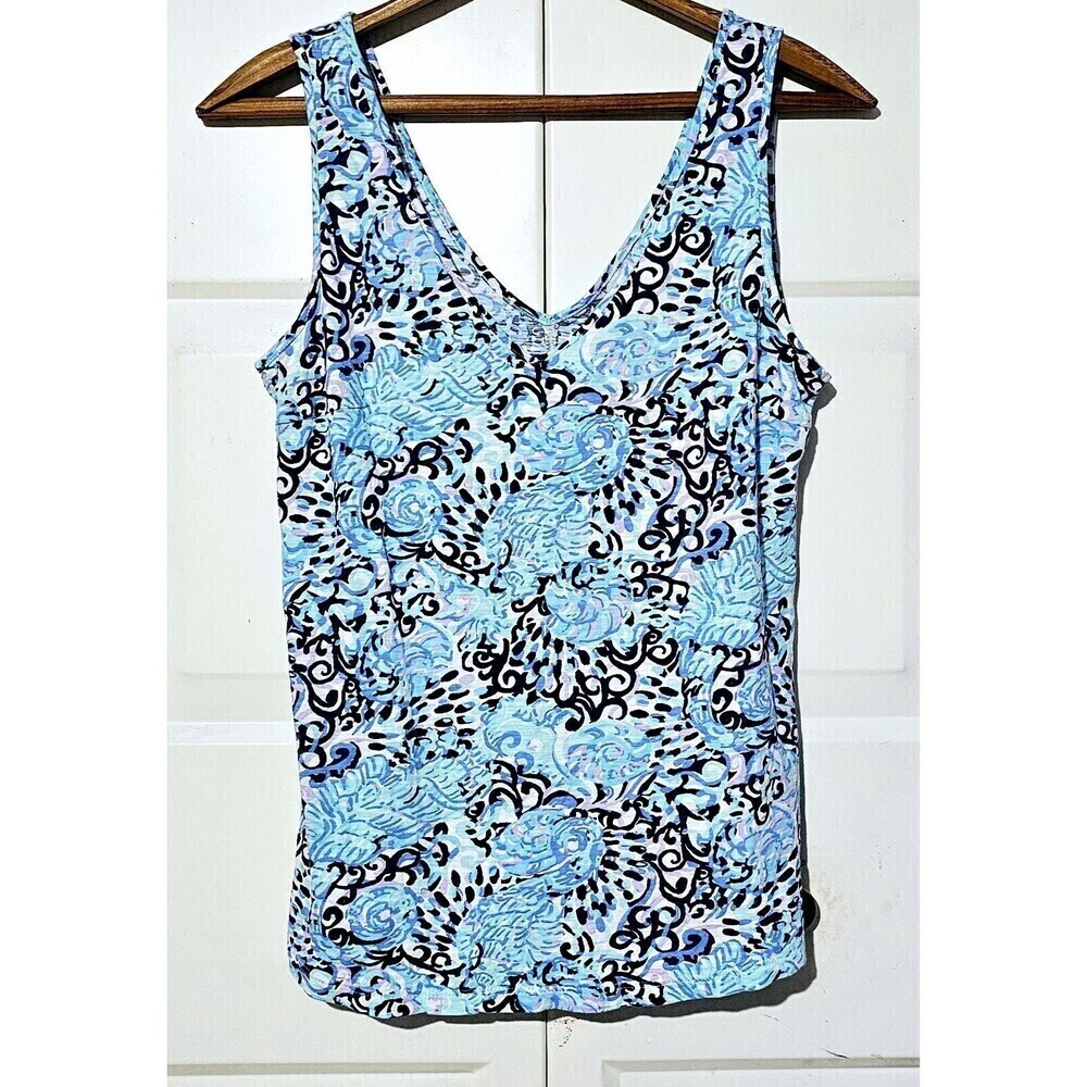 LILLY PULITZER Blue Abstract 100% Cotton Sleeveless Women Tank Top Shirt (XS)